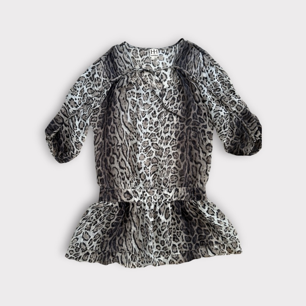 Designer Indie Sleaze Haute Hippie Leopard Print Dress in Gray and Cream S